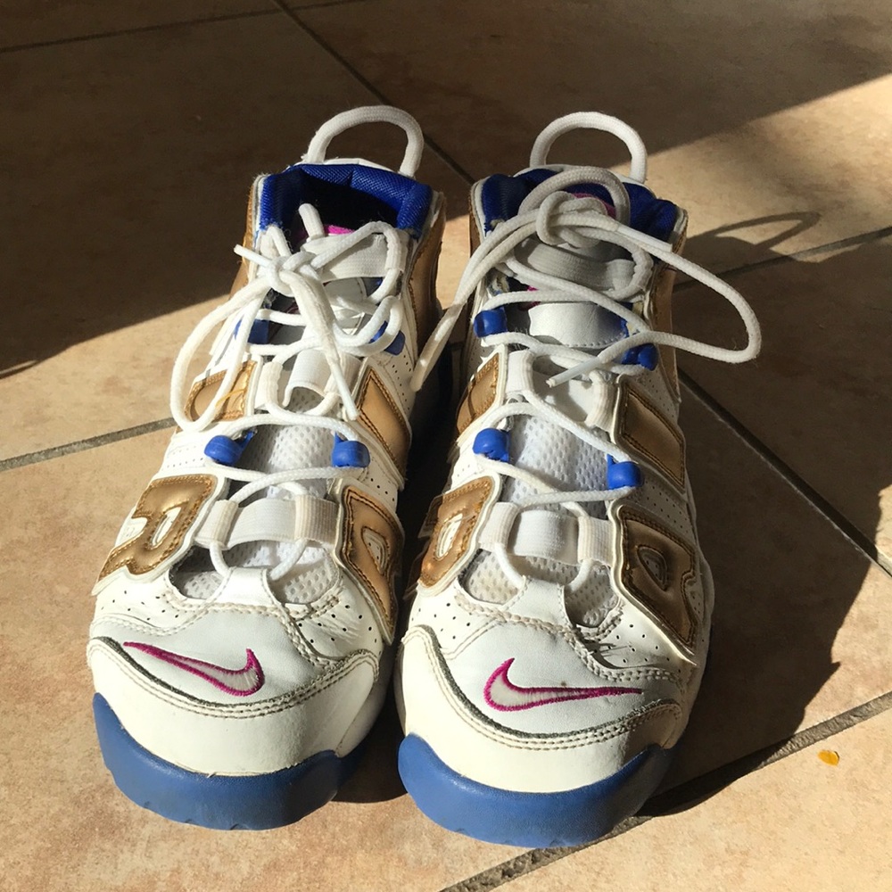 Nike Air More Uptempo gold pink and blue